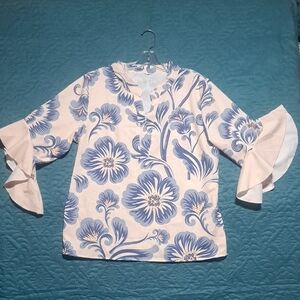 🌸 Blue Breeze Ruffle‑Sleeve Floral Blouse
